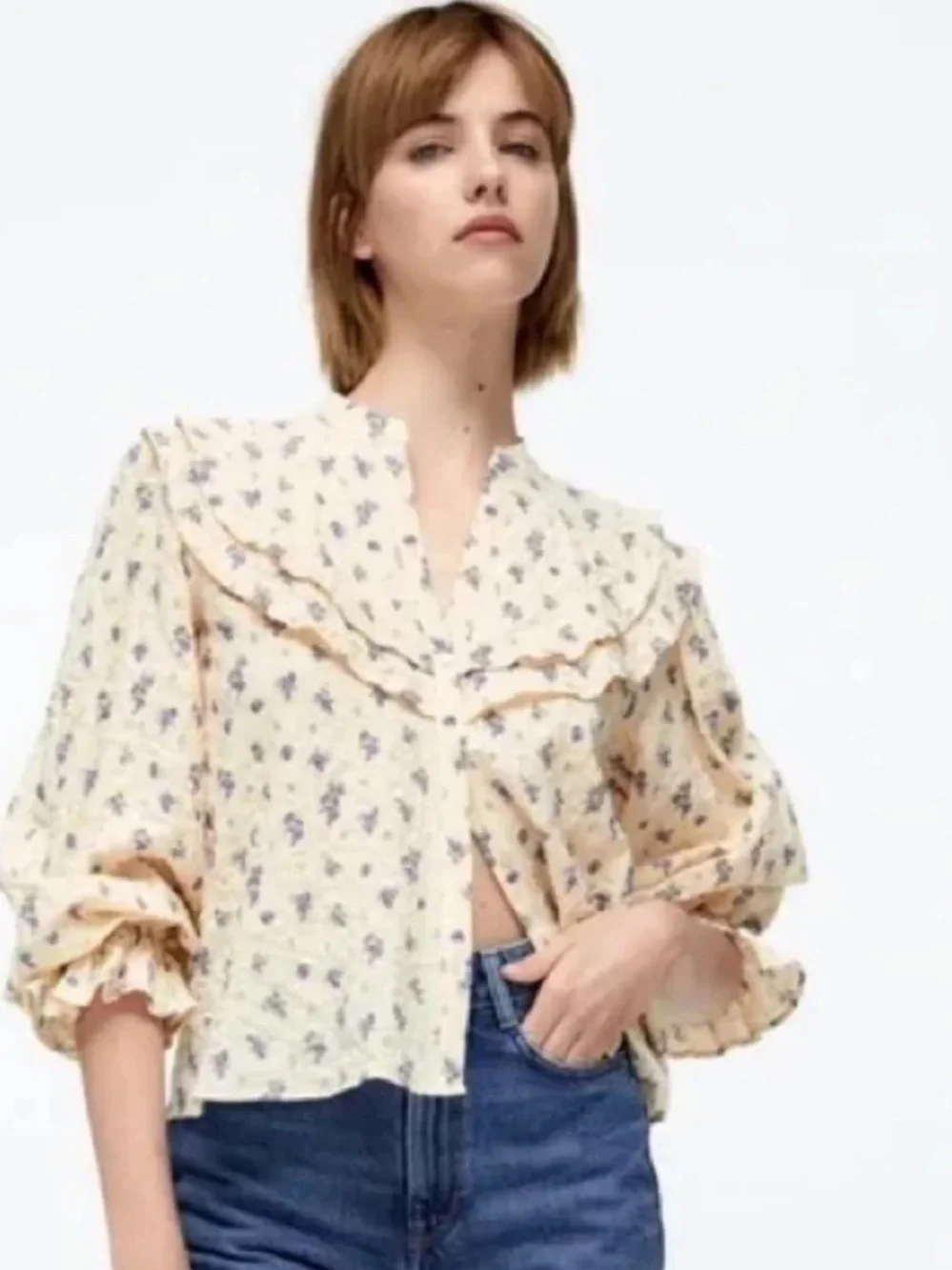 Zara Ruffle Collar Puff Sleeve Button Front Blouse Top Large Cream Purple Floral